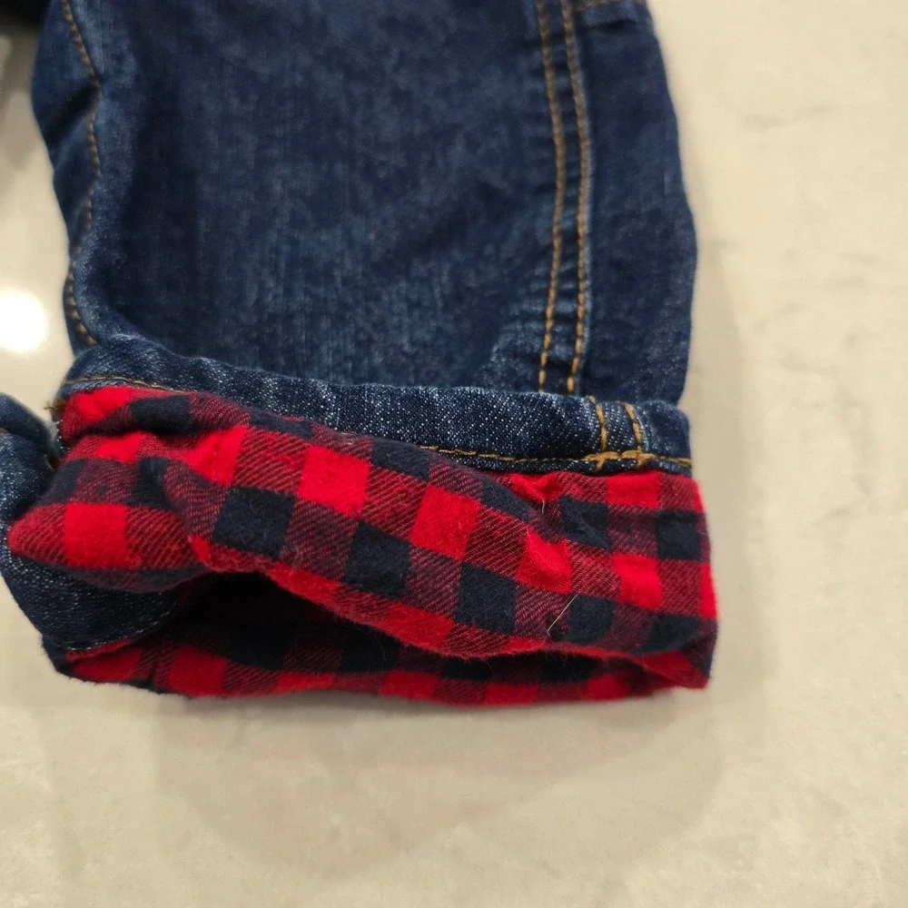 OshKosh Bgosh Kids Flannel Lined Denim Overalls Dark Wash Blue Red Plaid 18M